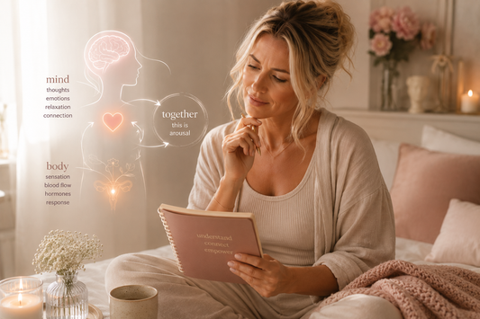 A woman in a calm, softly lit setting looking relaxed and present — representing Ellavorah's education guide on female arousal and intimate wellbeing