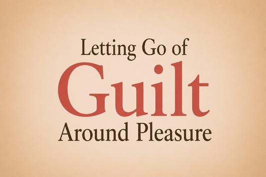 A woman in a warm, peaceful setting with a calm and open expression, representing the gentle release of guilt and the embrace of self-compassion and pleasure