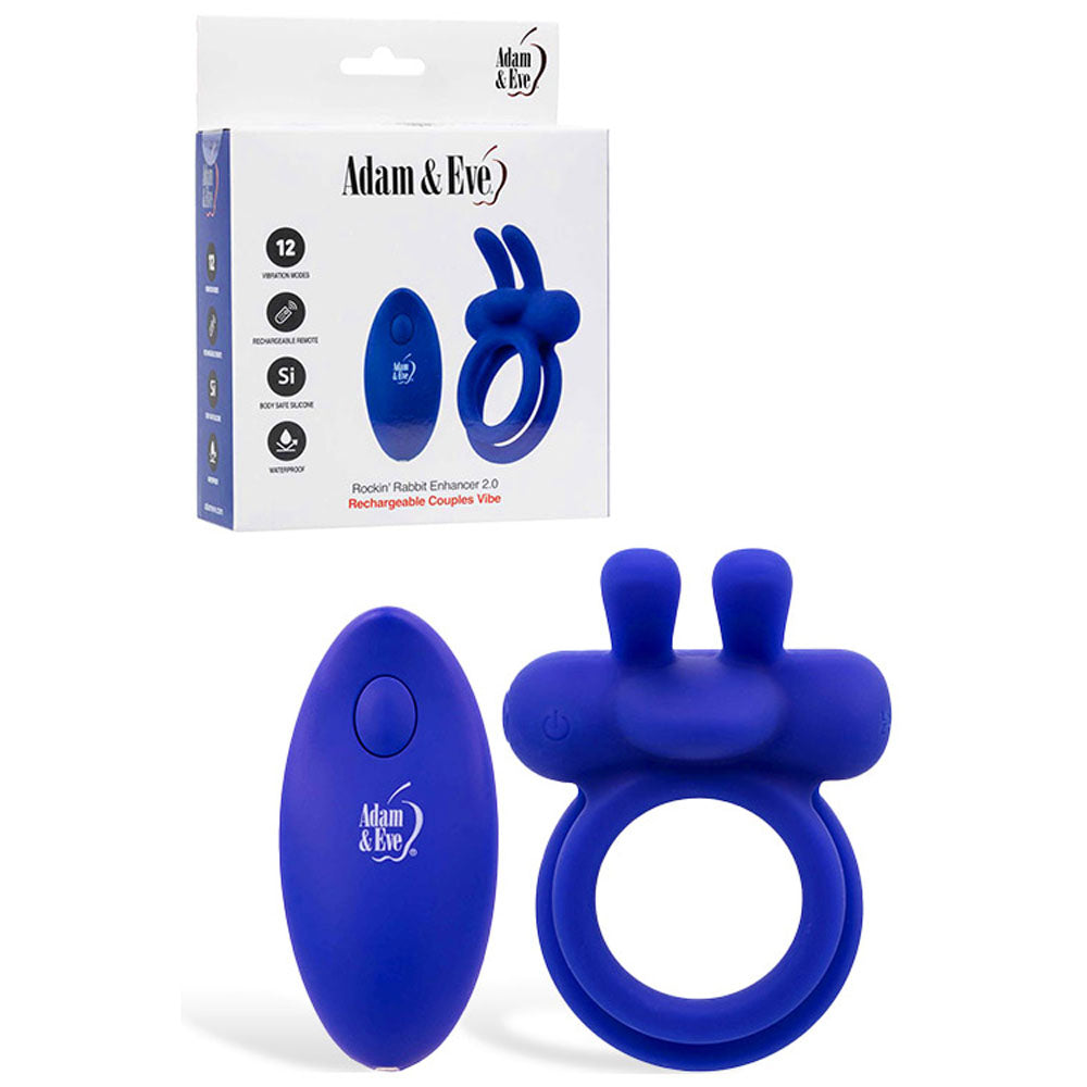 Adam & Eve ROCKIN RABBIT 2.0 - Blue USB Rechargeable Vibrating Cock Ring with Wireless Remote